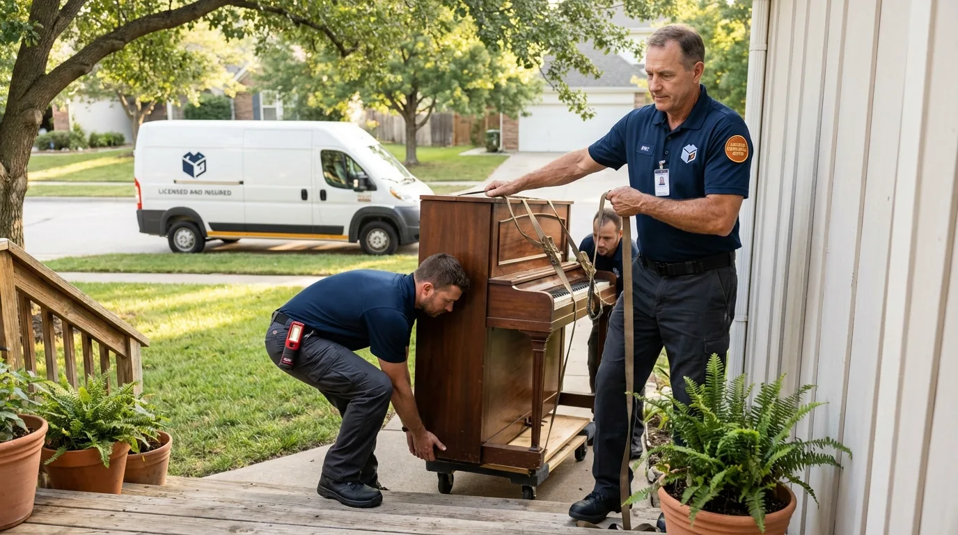 Licensed piano movers securing grand piano in Grand Coulee, WA