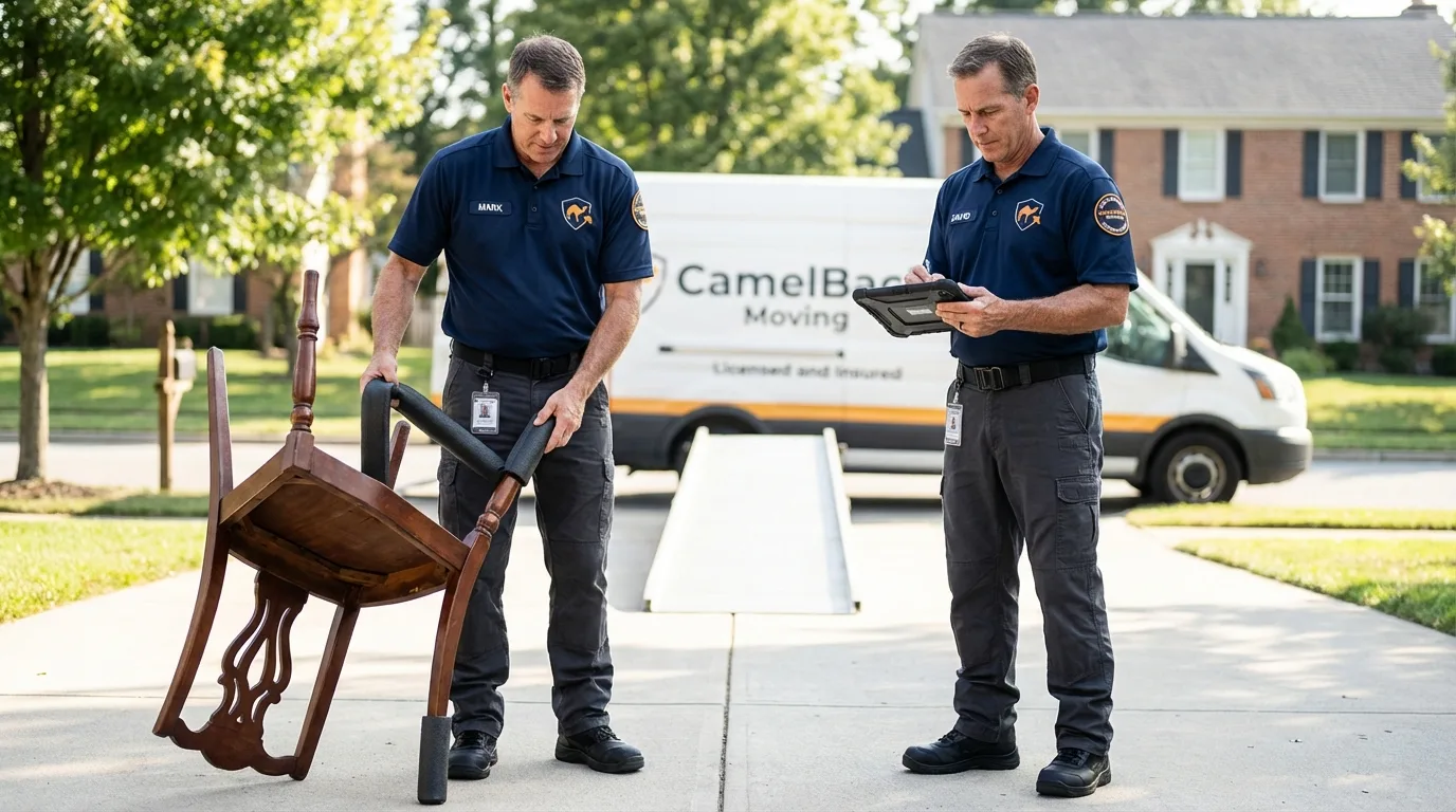 Movers inspecting furniture for damage prevention before loading in Grand Coulee, WA
