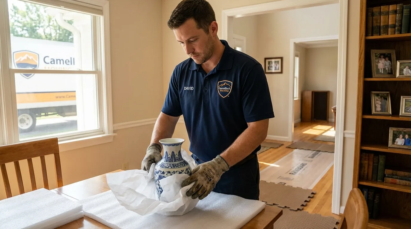 Professional crew carefully wrapping antique vase for senior downsizing move in Grand Coulee, WA